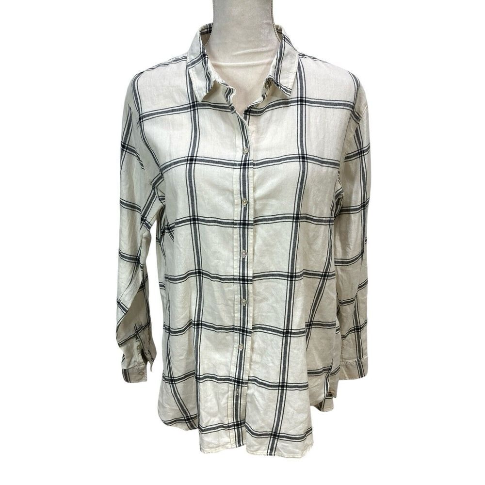 NEW H&M Womens White Black Plaid Solid Long Sleeve Bottom Down Shirt Size 12